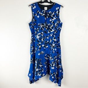 CABI Untamed Electric Blue Floral Handkerchief Hem Polka Dot Lined Dress Medium